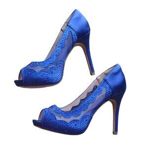 Blue Satin Open Toe Beaded Stiletto High Heel Pump Shoes  7